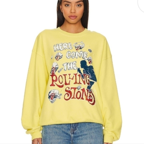 Daydreamer New Here Comes the Rolling Stones Crew Yellow Sweatshirt SZ Large - Picture 11 of 12
